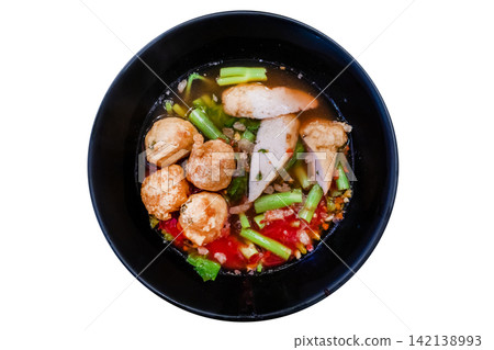 Top view of Spicy Yen Ta Fo noodles with a bold kick, focus selective 142138993