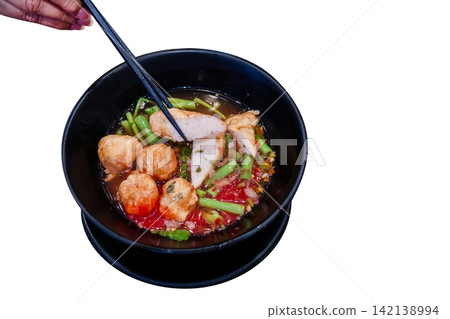 Top view of Spicy Yen Ta Fo noodles with a bold kick, focus selective Top view of Spicy Yen Ta Fo noodles with a bold kick, focus selective 142138994