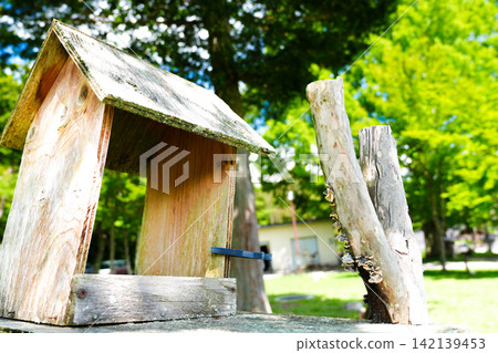 A small birdhouse placed in a field A small birdhouse placed in a field 142139453