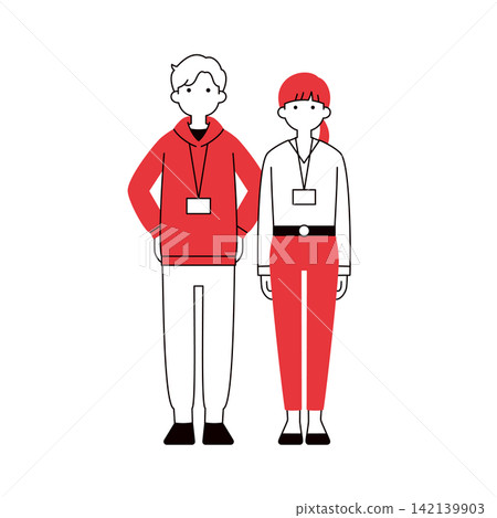 A set of modern full-body vector illustrations of a young man and a female student staff member wearing name tags. A set of modern full-body vector illustrations of a young man and a female student staff member wearing name tags. 142139903