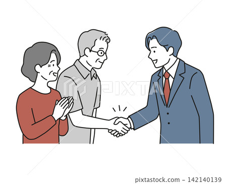 An illustration of a male businessman and a senior couple shaking hands with smiles after a successful business deal (end-of-life planning, inheritance, home renovation, contract). An illustration of a male businessman and a senior couple shaking hands with smiles after a successful business deal (end-of-life planning, inheritance, home renovation, contract). 142140139