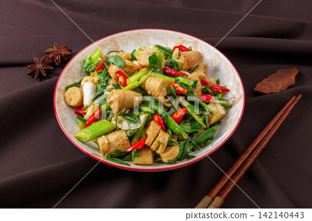 chinese Stir Fried Gluten with Garlic Sprouts Dish chinese Stir Fried Gluten with Garlic Sprouts Dish 142140443