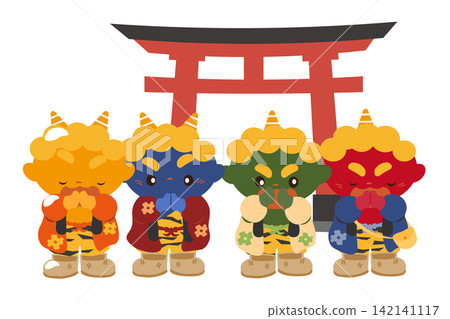 一幅插圖,描繪了四個可愛的惡魔在一年中的第一次神社參拜中,來到了一座有著紅色鳥居的神社。 一幅插圖,描繪了四個可愛的惡魔在一年中的第一次神社參拜中,來到了一座有著紅色鳥居的神社。 142141117