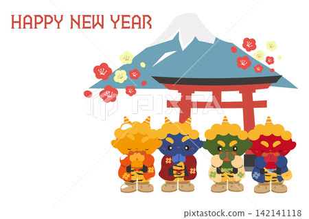一張新年卡片插圖，描繪了四個惡魔參拜神社，神社裡有富士山和紅色的鳥居。 142141118