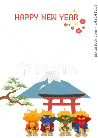 一幅豎版新年賀卡插圖,描繪了惡魔們一年中第一次參拜神社的場景,背景是富士山和紅色的鳥居。 一幅豎版新年賀卡插圖,描繪了惡魔們一年中第一次參拜神社的場景,背景是富士山和紅色的鳥居。 142141119