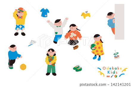 A set of illustration materials featuring children playing outside and icons. A set of illustration materials featuring children playing outside and icons. 142141201