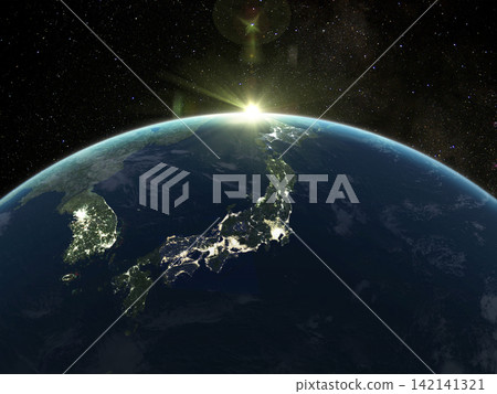 從太空看到的日本夜景與太陽 142141321