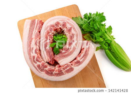 raw Pork Belly with Rib Bones and Celery raw Pork Belly with Rib Bones and Celery 142141428