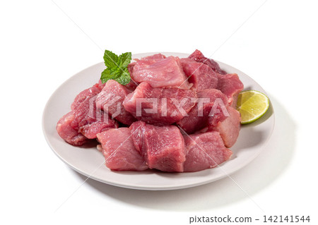 diced Raw Lean Pork Shoulder Meat on Plate diced Raw Lean Pork Shoulder Meat on Plate 142141544