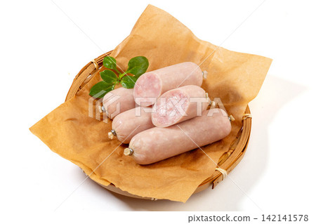 handmade Garlic Pork Sausages on Wooden Board handmade Garlic Pork Sausages on Wooden Board 142141578