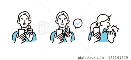 一組簡單的插圖，描繪了商務人士操作和查看智慧型手機的姿勢（向量圖）。 142141829