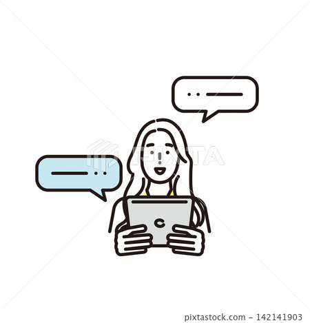Simple illustration: A business person exchanging chats and messages on a tablet. Vector illustration. Simple illustration: A business person exchanging chats and messages on a tablet. Vector illustration. 142141903