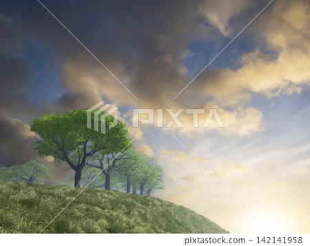 變幻莫測的日落天空、翠綠的山丘和綠樹成蔭的街道。 142141958