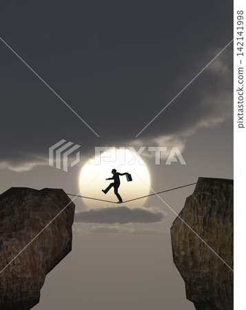 A business figure walking a tightrope across a cliff valley. A business figure walking a tightrope across a cliff valley. 142141998