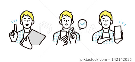 Simple illustrations: A set of poses for business people guiding users through smartphone operation and screen navigation. Simple illustrations: A set of poses for business people guiding users through smartphone operation and screen navigation. 142142035