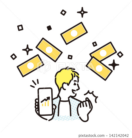 Simple illustration: A business person happy with increased profits from smartphone asset management (vector illustration) Simple illustration: A business person happy with increased profits from smartphone asset management (vector illustration) 142142042