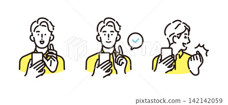 一組簡單的插圖,描繪了商務人士操作和查看智慧型手機的姿勢(向量圖)。 一組簡單的插圖,描繪了商務人士操作和查看智慧型手機的姿勢(向量圖)。 142142059