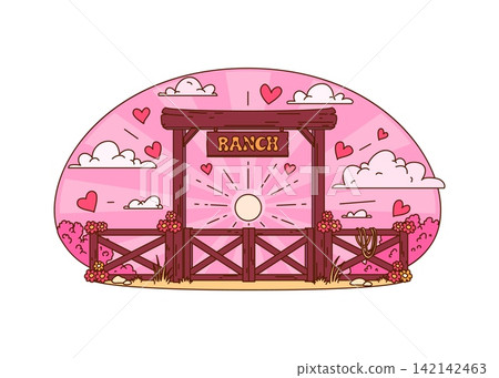Pink Western ranch, cowgirl or girly cowboy disco and Wild West groovy cartoon Texas ranch with hearts, romantic cloud, flowers and lasso for cowgirl or girl cowboy country party or t shirt print Pink Western ranch, cowgirl or girly cowboy disco and Wild West groovy cartoon Texas ranch with hearts, romantic cloud, flowers and lasso for cowgirl or girl cowboy country party or t shirt print 142142463