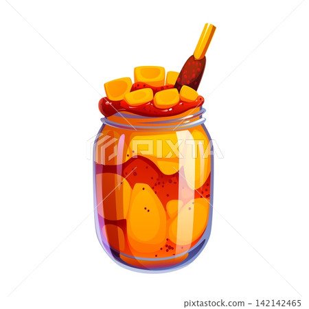 Mangonada Mexican mango drink or smoothie glass jar with chamoy juice. Cartoon isolated Mangonada, Mangoneada or Chamoyada and raspado dessert juice drink with mango pieces and tamarind drinking straw Mangonada Mexican mango drink or smoothie glass jar with chamoy juice. Cartoon isolated Mangonada, Mangoneada or Chamoyada and raspado dessert juice drink with mango pieces and tamarind drinking straw 142142465