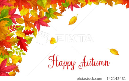 Hello autumn fall season placard or flyer and greeting card or cover and poster. Advertising banner with leaves and Hello Autumn quote in frame of maple and oak tree leaf for fall seasonal design Hello autumn fall season placard or flyer and greeting card or cover and poster. Advertising banner with leaves and Hello Autumn quote in frame of maple and oak tree leaf for fall seasonal design 142142481