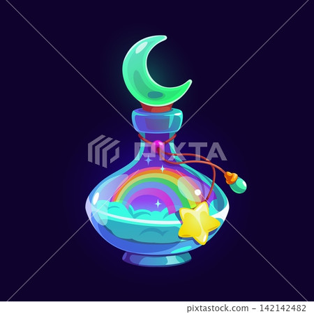 Cartoon Halloween witchcraft potion bottle, alchemy spell elixir of love, sky and galaxy magic. Whimsical glass bottle filled with rainbow, clouds and stars. Magical vector elixir for Halloween Cartoon Halloween witchcraft potion bottle, alchemy spell elixir of love, sky and galaxy magic. Whimsical glass bottle filled with rainbow, clouds and stars. Magical vector elixir for Halloween 142142482