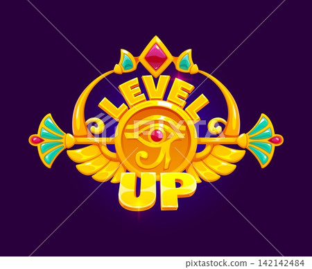Cartoon Egyptian level up achievement icon features the Eye of Horus embossed on golden central medallion. Vibrant badge with outspread wings and cyan lotus flower ornaments for user interfaces Cartoon Egyptian level up achievement icon features the Eye of Horus embossed on golden central medallion. Vibrant badge with outspread wings and cyan lotus flower ornaments for user interfaces 142142484