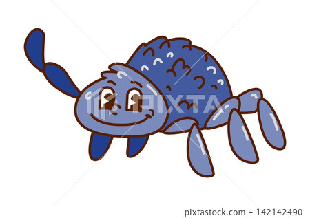 Groovy Halloween spider mascot with happy face and big smile. Cute cartoon insect with 70s psychedelic fun. Vector blue bug for cheerful Halloween and fall decor Groovy Halloween spider mascot with happy face and big smile. Cute cartoon insect with 70s psychedelic fun. Vector blue bug for cheerful Halloween and fall decor 142142490