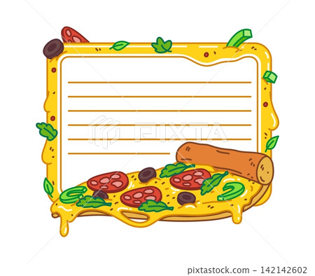 Kids memo note of pizza for message sticker with cartoon frame of food. Adhesive post or sticky note with pizza slice, salami and cheese melt for daily task plan agenda or kids memo note planner Kids memo note of pizza for message sticker with cartoon frame of food. Adhesive post or sticky note with pizza slice, salami and cheese melt for daily task plan agenda or kids memo note planner 142142602