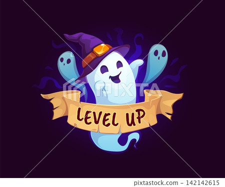 Scary Halloween game level up rank, mysterious badge. Cheerful ghost in purple witch hat with scroll ribbon and small ghosts on dark purple background. Vector level up rank for achievement rewards Scary Halloween game level up rank, mysterious badge. Cheerful ghost in purple witch hat with scroll ribbon and small ghosts on dark purple background. Vector level up rank for achievement rewards 142142615