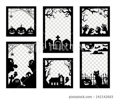 Halloween holiday frames and social media post templates with black silhouettes. Vector designs feature square and vertical rectangular borders with pumpkins and bats, spiders, ghosts, zombie hands Halloween holiday frames and social media post templates with black silhouettes. Vector designs feature square and vertical rectangular borders with pumpkins and bats, spiders, ghosts, zombie hands 142142683