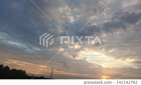 Scenic Sunset Sky with Scattered Clouds and Warm Sunlight Scenic Sunset Sky with Scattered Clouds and Warm Sunlight 142142762