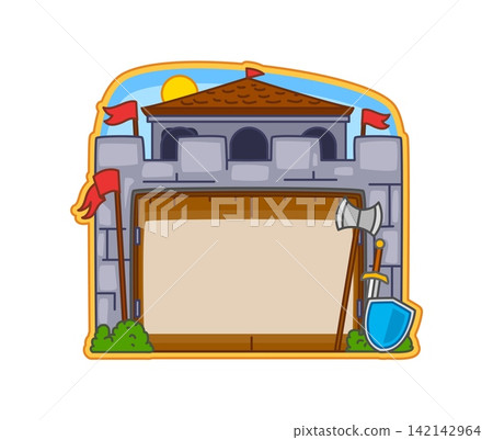 Cartoon knight castle note frame featuring brown wooden gateway, turrets, flags and weapons. Fun medieval frame with castle tower, shield and sword for kids planners and party invitations Cartoon knight castle note frame featuring brown wooden gateway, turrets, flags and weapons. Fun medieval frame with castle tower, shield and sword for kids planners and party invitations 142142964