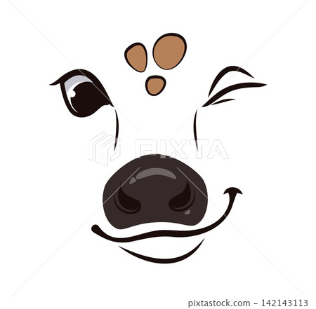 Cartoon winking cow or calf face emotion with large glossy nose. Cute cattle character face with forehead spots and playful smiling mouth for dairy product brand and organic milk packaging designs Cartoon winking cow or calf face emotion with large glossy nose. Cute cattle character face with forehead spots and playful smiling mouth for dairy product brand and organic milk packaging designs 142143113