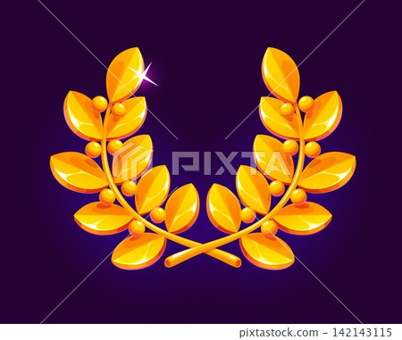 Glossy golden laurel wreath icon with two crossed branches, rounded glossy leaves and small berries. Vibrant golden game icon for achievement badges, casino reward level symbols and victory emblems Glossy golden laurel wreath icon with two crossed branches, rounded glossy leaves and small berries. Vibrant golden game icon for achievement badges, casino reward level symbols and victory emblems 142143115