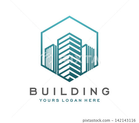 Residence apartment, building construction and real estate agency icon. Modern emblem with teal gradient hexagon frame and skyscrapers for residence apartment or building construction company Residence apartment, building construction and real estate agency icon. Modern emblem with teal gradient hexagon frame and skyscrapers for residence apartment or building construction company 142143116