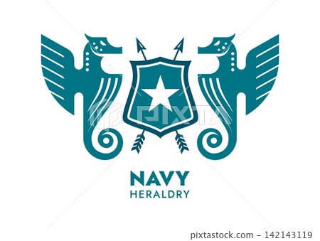 Marine heraldry icon with crossed arrows, military navy shield and winged seahorses. Nautical heraldic emblem for maritime security companies, luxury yacht clubs and premium seafood restaurants Marine heraldry icon with crossed arrows, military navy shield and winged seahorses. Nautical heraldic emblem for maritime security companies, luxury yacht clubs and premium seafood restaurants 142143119