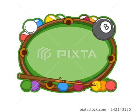 Cartoon sport memo note paper frame sheet with green billiard table, colorful snooker balls, cue stick and number 8 ball. Decorative sports border with pool game equipment for tournament posters Cartoon sport memo note paper frame sheet with green billiard table, colorful snooker balls, cue stick and number 8 ball. Decorative sports border with pool game equipment for tournament posters 142143130