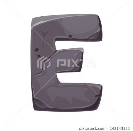 Cartoon uppercase letter E carved from rough dark grey granite rock with detailed stone texture, surface cracks, pits and subtle light reflection. English alphabet letter E for adventure games Cartoon uppercase letter E carved from rough dark grey granite rock with detailed stone texture, surface cracks, pits and subtle light reflection. English alphabet letter E for adventure games 142143133