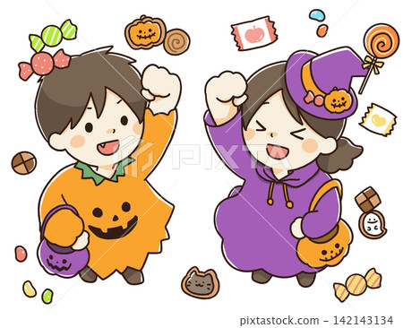 孩子們享受萬聖節服裝的插圖 孩子們享受萬聖節服裝的插圖 142143134