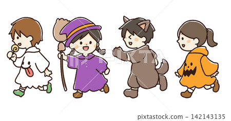孩子們享受萬聖節服裝的插圖 孩子們享受萬聖節服裝的插圖 142143135