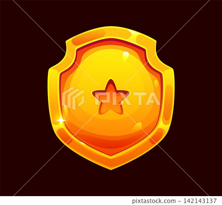 Cartoon golden shield badge with glossy domed surface. Shiny game icon with chunky gold border and embossed star symbol for fantasy RPG defense ability button design and player rank badges Cartoon golden shield badge with glossy domed surface. Shiny game icon with chunky gold border and embossed star symbol for fantasy RPG defense ability button design and player rank badges 142143137