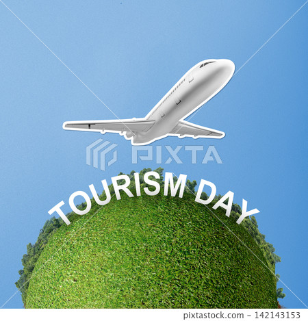 Conceptual illustration of World Tourism Day featuring a white airplane flying over a green grassy globe against a blue sky. Tourism Day Concept Conceptual illustration of World Tourism Day featuring a white airplane flying over a green grassy globe against a blue sky. Tourism Day Concept 142143153