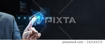Businessman touching a virtual cybersecurity shield and password interface for data protection. Concept of multi-factor authentication login Businessman touching a virtual cybersecurity shield and password interface for data protection. Concept of multi-factor authentication login 142143172