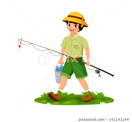 Cute cartoon scout boy holding fishing rod and bucket full of fish while walking on grass patch. Cheerful kid fisherman character wearing yellow explorer hat and green uniform for summer camp posters 142143244