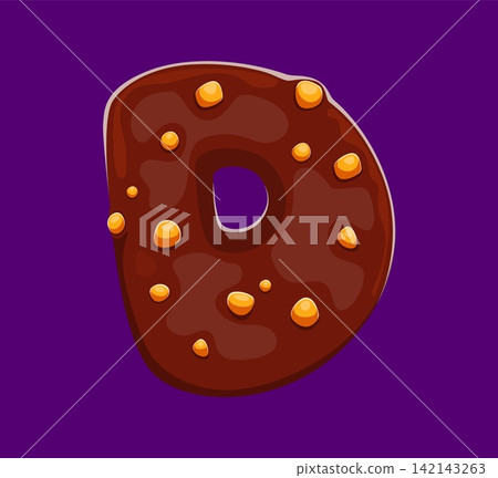Vibrant sweet alphabet letter D shaped as rich dark chocolate donut. Cartoon tasty font symbol topped with crunchy golden peanut bits chunks for bakery menu or kids posters with English alphabet 142143263