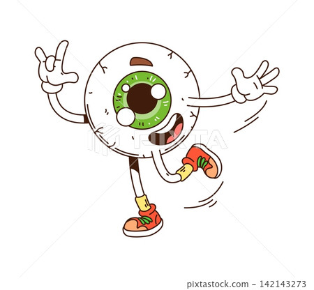 Cartoon groovy eyeball character with green iris, large dark pupil and open laughing mouth. Funny personage running in orange sneakers for vision correction center promotional posters 142143273