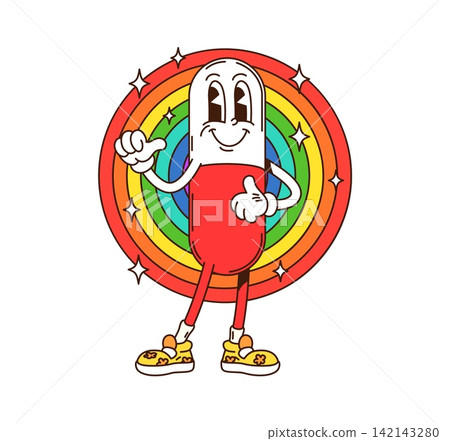 Retro groovy medicine capsule character with red white body and yellow sneakers. Cartoon pill with confident smirk and thumbs up gesture for pharmacy brand mascots or health app promotional material 142143280