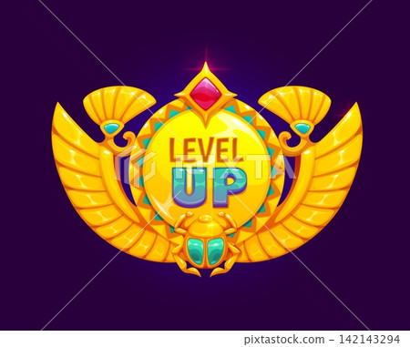 Vibrant Egyptian level up reward badge with golden scarab beetle and large red gemstone. Cartoon ancient icon with massive outspread wings and ornate fan decorations for kids mobile games 142143294