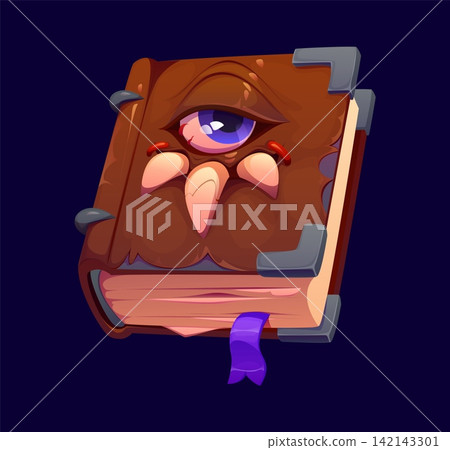 Cartoon Halloween book monster vector character with eye and claws on the brown live cover for Halloween party. Spooky fantasy creepy monster. Old paper wizard library with spell and witchcraft 142143301