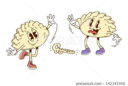Retro groovy Gyoza characters with expressive faces. Playful waving dumpling mascots with cartoon eyes, white gloves, and colorful sneakers. Cartoon Asian Gyoza characters for t shirt prints 142143308